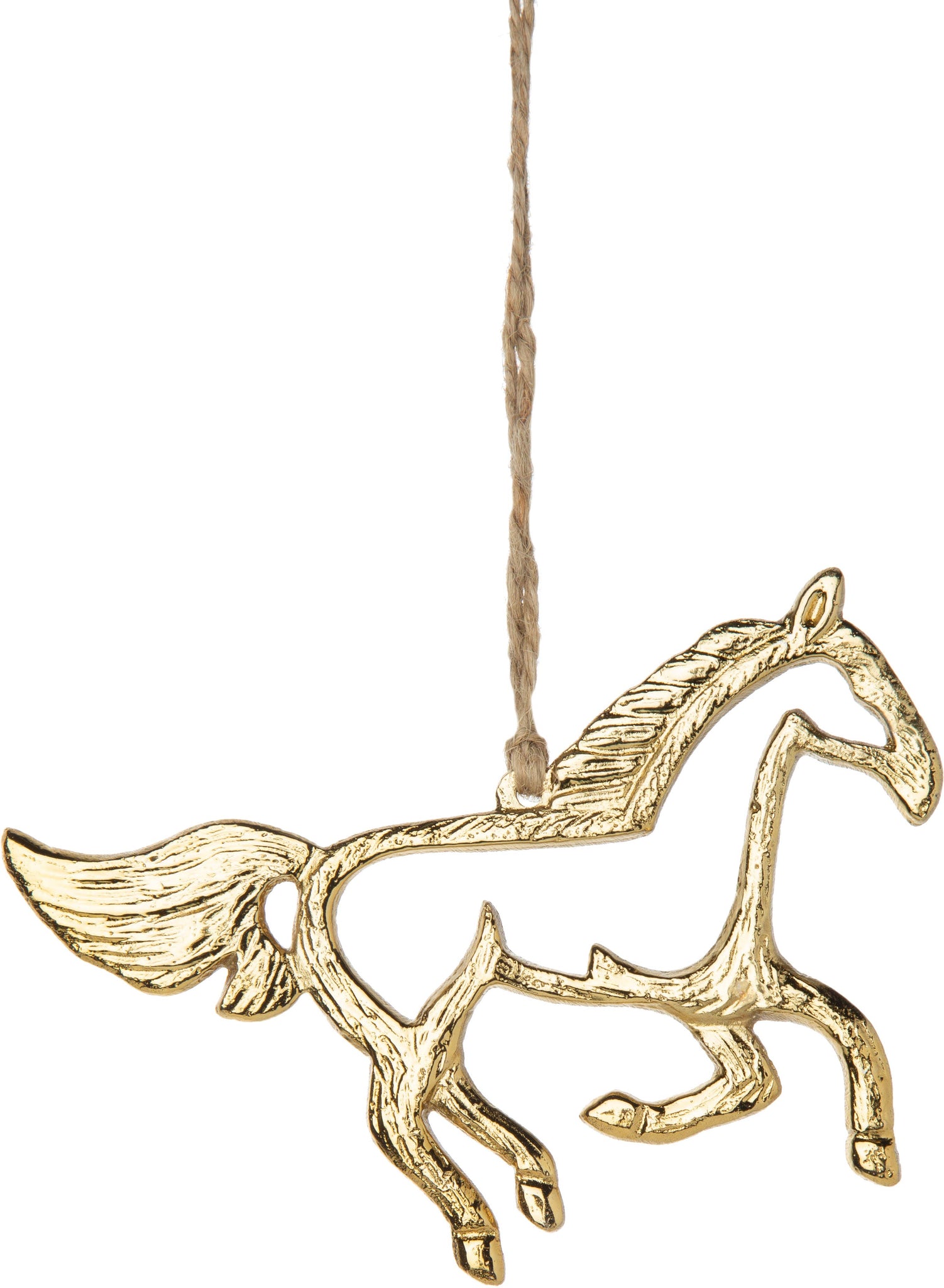 Silver Tree Holiday Ornament- A69008 Cast metal horse silhouette, gold tone plated finish